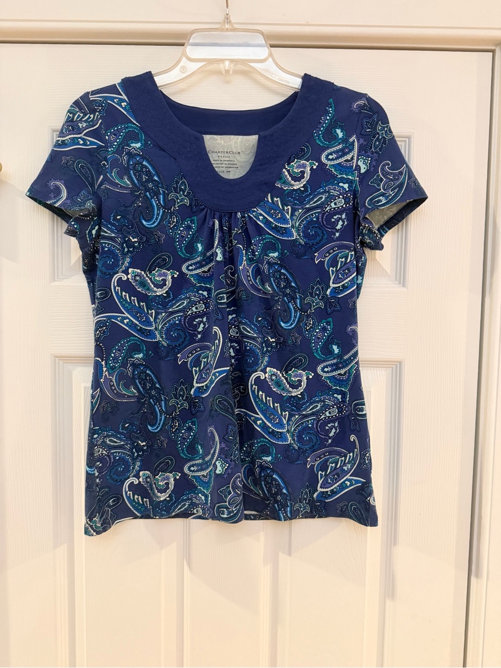 Ladies Size P/P "Charter Club" Navy Paisley Short-Sleeve Tee GUC
